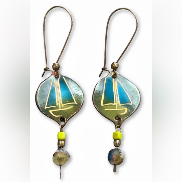 Hand-Painted Enamel Earrings | Artisan Abstract Design | Bronze | Boho Art Jewel - Picture 2 of 9